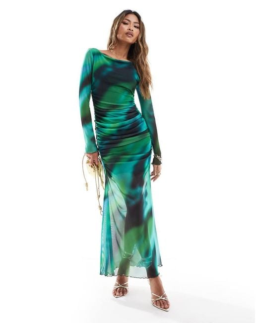 ASOS Green Long Sleeve Mesh Midi Dress