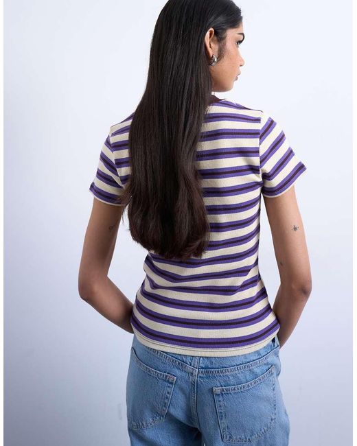 TOPSHOP Blue Stripe Rib Short Sleeve Tee