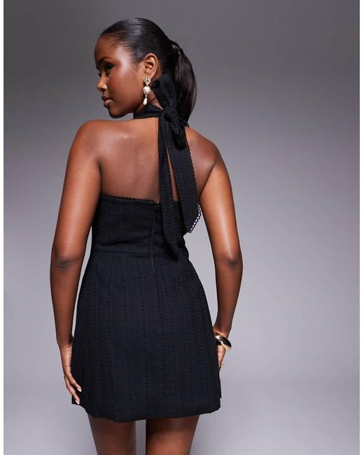 Murci Black Exclusive Broderie Square Neck Halterneck Button Through Mini Dress