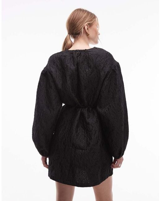 & Other Stories Black Structured Jacquard Quality Mini Dress With Pleated Detail Sleeves