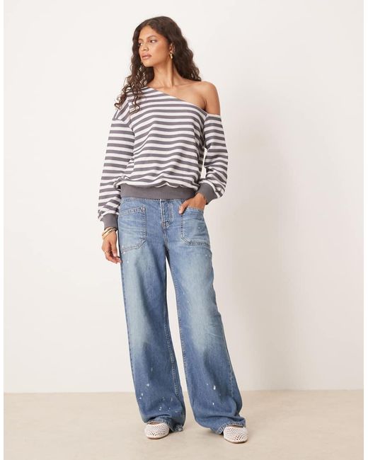 ASOS Gray Stripe Slouchy Off Shoulder Loopback Sweater