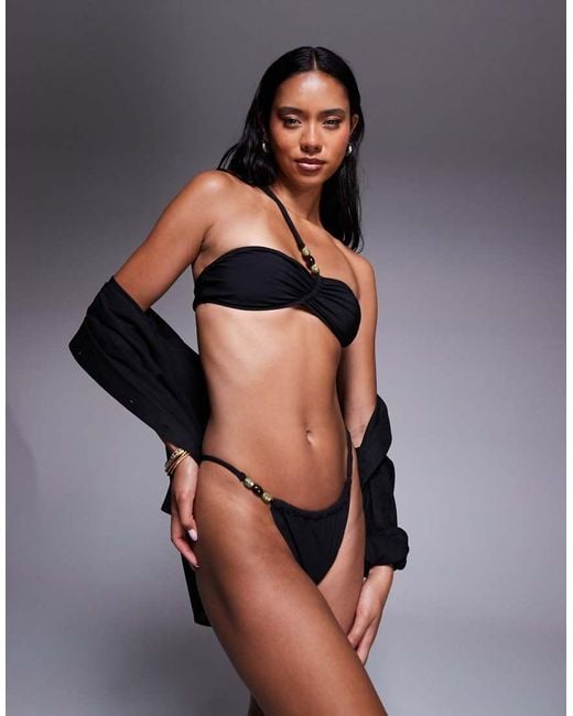 ASOS Brown Tara One Shoulder Bikini Top With Beading Detail Hardware