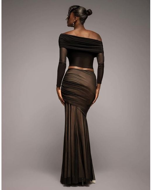 Goddiva Black Mesh Gathered Mermaid Maxi Skirt
