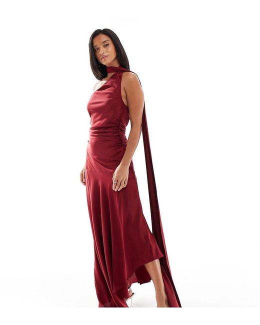 TFNC London Red Bridesmaids Satin Asymmetric Maxi Dress With Scarf Neck