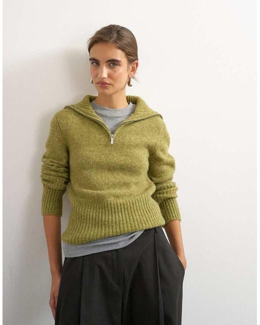 TOPSHOP Green Knitted Half Zip Funnel Neck Jumper With Wool