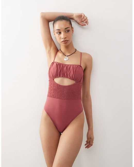 Reclaimed (vintage) Pink Swimsuit With Shirred Waist And Cut Out Detail