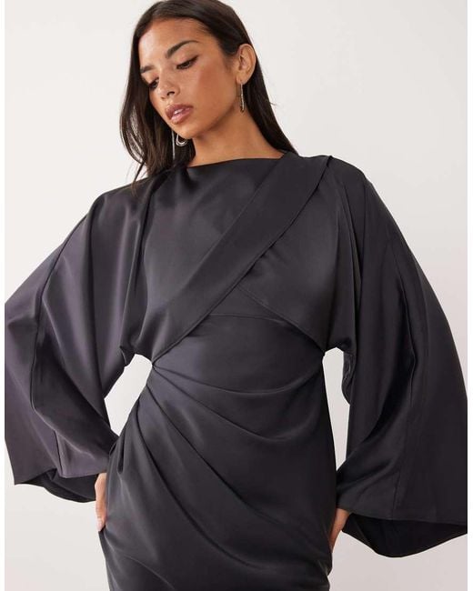 ASOS Black Draped Long Sleeve Cross Front High Neck Satin Maxi Dress