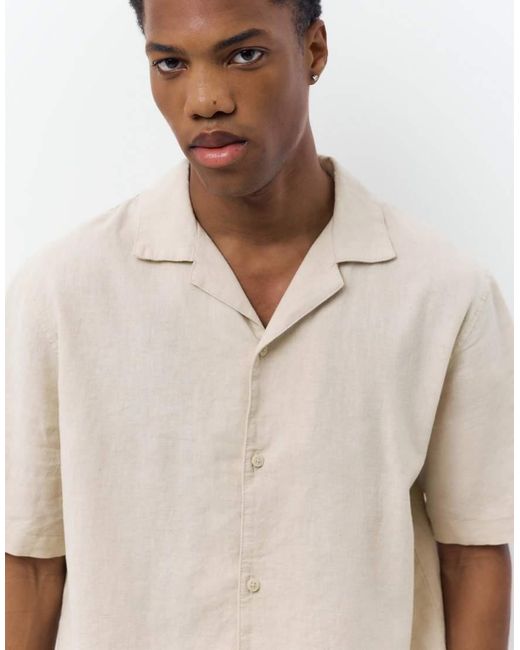 Pull&Bear Natural Short Sleeve Linen Blend Shirt for men