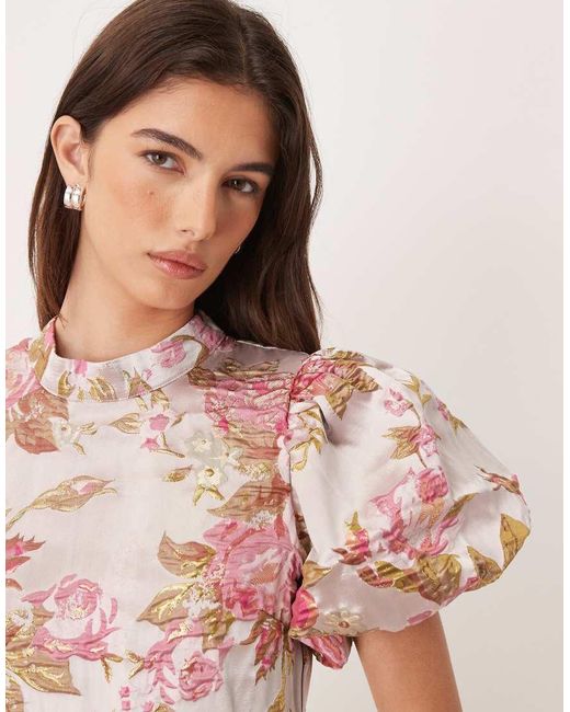 Sister Jane Pink Dream Almost Bloom Jacquard Puff Sleeve Tiered Ruffle Hem Midi Dress