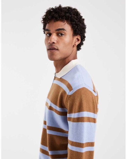 Pompeii UK Blue Pompeii Striped Knitted Zip Up Rugby Polo Shirt for men