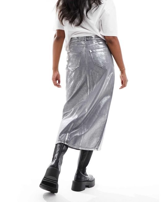 River Island White Coated Denim Midi Skirt
