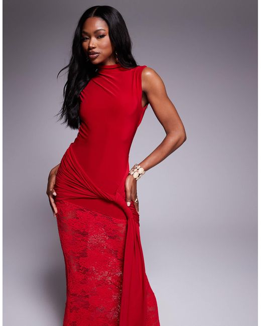 ASOS Lace Fabric Mix High Neck Maxi Dress With Chunky Tie Waist in Red |  Lyst