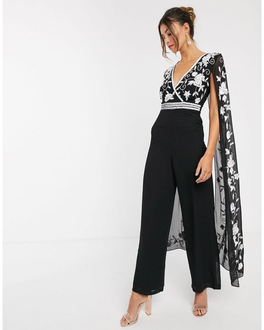 Frock and Frill Black Frock & Frill Contrast Embroidery Cape Jumpsuit