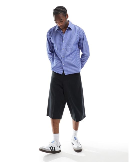 Pull&Bear Blue Long Sleeve Striped Poplin Shirt for men