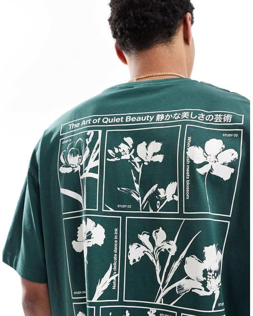 Camiseta Verde De Corte Cuadrado Extragrande Con Estampado Gráfico Floral De ASOS de hombre de color Green