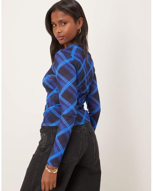 ASOS Blue Gauzy Sheer Check Printed Long Sleeve Top