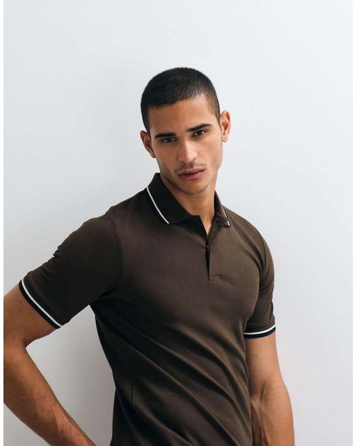 SELECTED Blue Tipped Collar Short Sleeve Polo for men