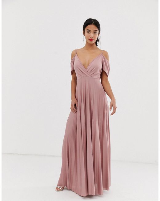 cold shoulder cowl back pleated maxi dress