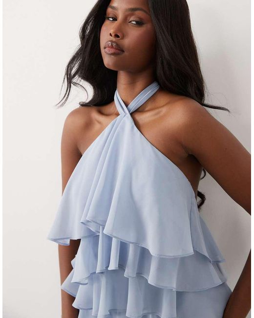 Wanderdoll Blue Primrose Chiffon Halterneck Tiered Ruffle Detail Mini Dress
