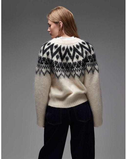 & Other Stories Gray Fluffy Wool And Mohair Blend Fair Isle Yarn Jacquard Print Cardigan