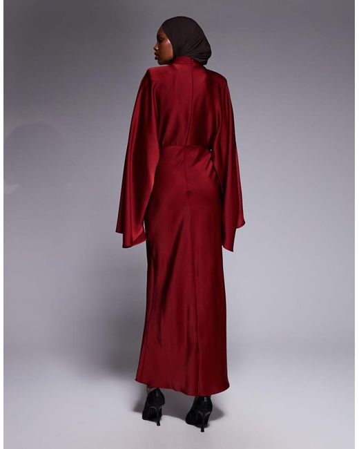 ASOS Red Funnel Neck Satin Maxi Dress With exaggerated Sleeves