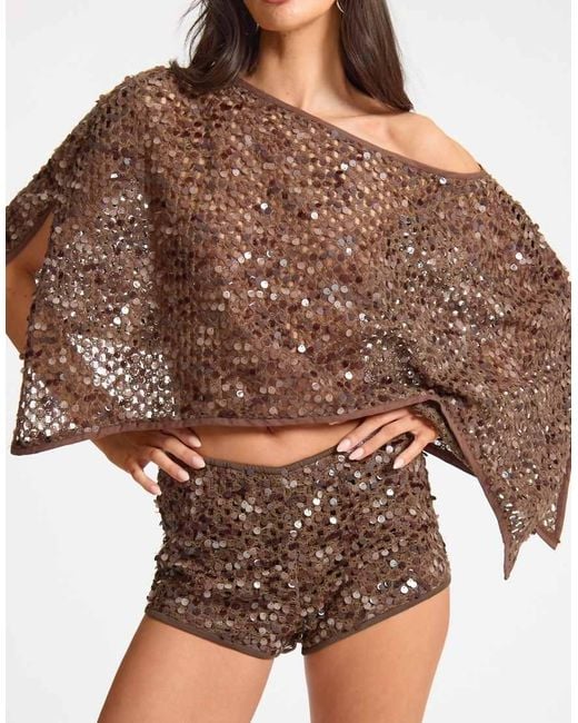 Missy Empire Brown Sequin Floaty Cape Top