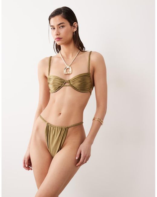 Miss Selfridge Natural Braided Ruched Cup Satin Bikini Top