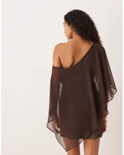 ASOS Brown Satin Chiffon Mix Drape One Shoulder Mini Dress