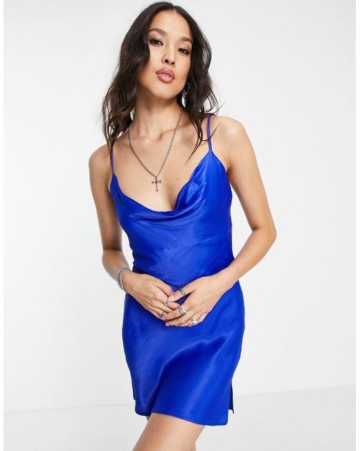 Bershka Cowl Neck Satin Mini Dress in Blue | Lyst
