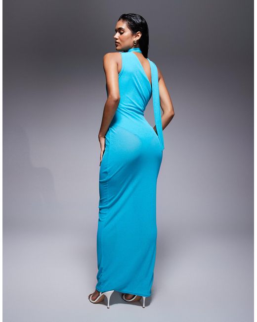 Kaiia Blue Exclusive One Shoulder Mesh Scarf Detail Sheer Maxi Dress