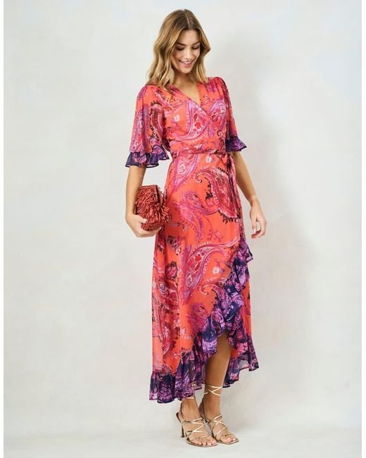 Hope & Ivy Red The Zella Contrast Frill Maxi Wrap Dress