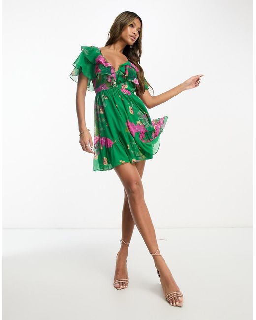 ASOS Green V Front V Back Ruffle Mini Dress With Flutter Sleeve And Tie Belt