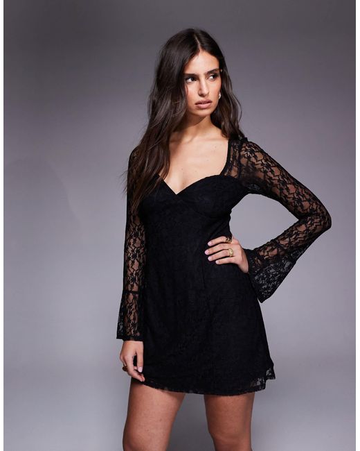 New Look Blue Long Sleeve Lace Mini Dress