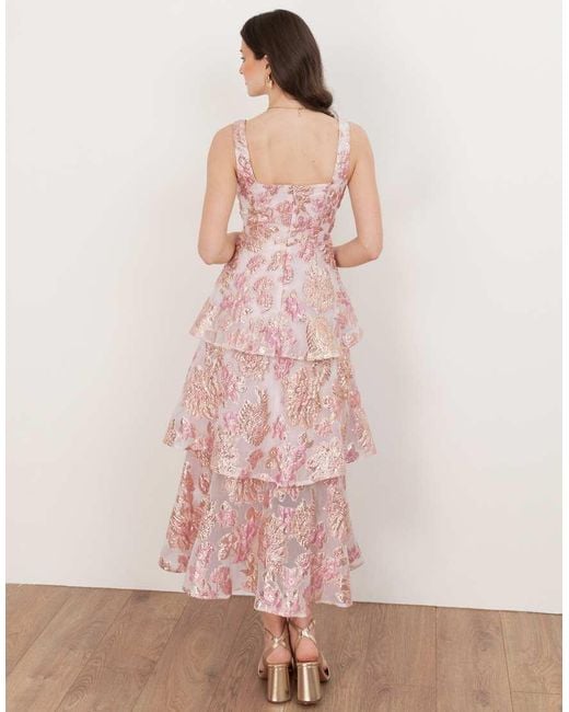 Maya Pink Floral Jacquard Square Neck Tiered Midi Dress