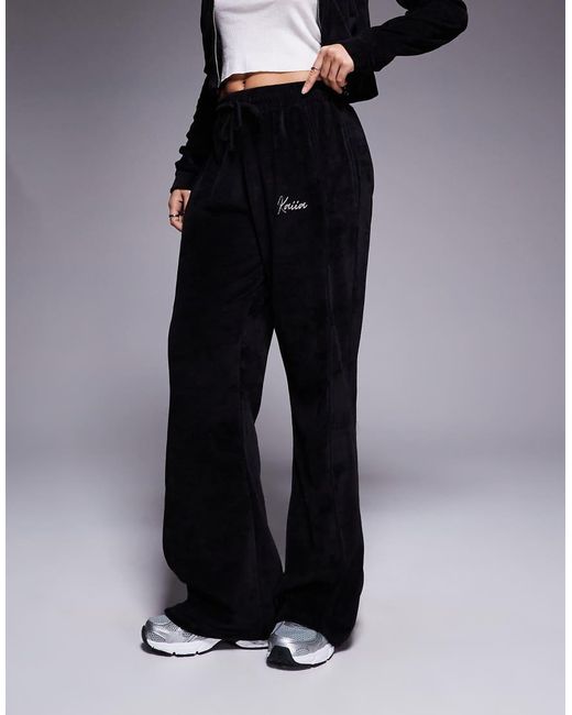 Kaiia Blue Embroidered Logo Velour Wide Leg joggers Co-ord