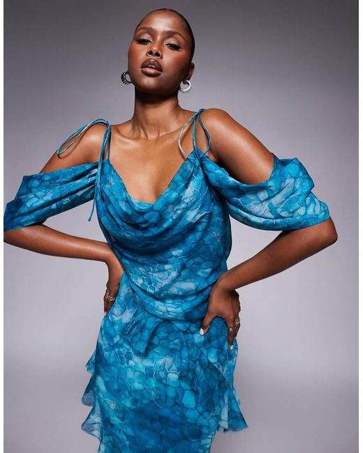 ASOS Blue Off-the-shoulder Bias Maxi Dress With Ruffles