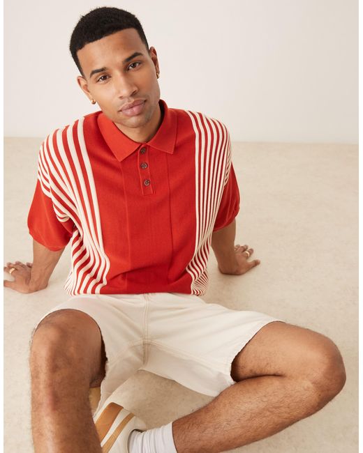 ASOS Red Oversized Boxy Fit Knitted Polo With Contrast Stripes for men