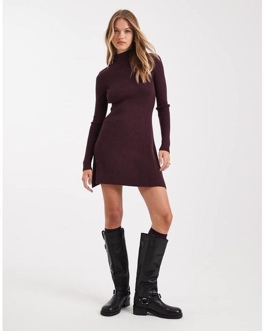 ASOS Purple Knitted Fine Gauge Mini Dress With Rib Detail