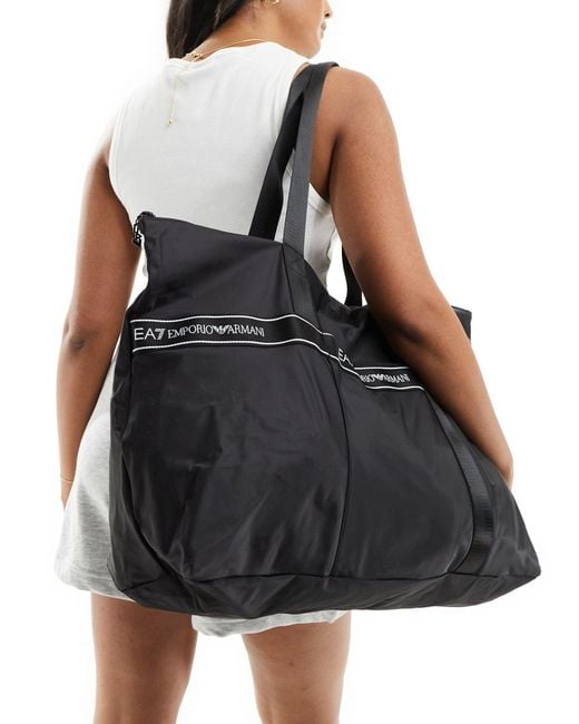 EA7 Black Armani Train Logo Tape Shopping Bag
