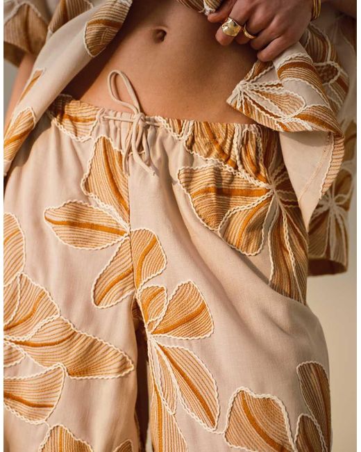 TOPSHOP Natural Low Rise Linen Look Stitch Detail Floral Pants