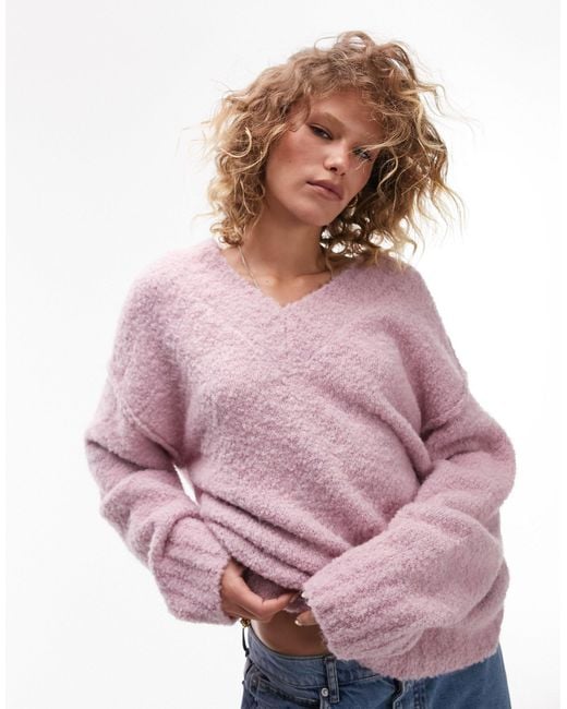 TOPSHOP Pink Knitted Longline V Neck Boucle Jumper