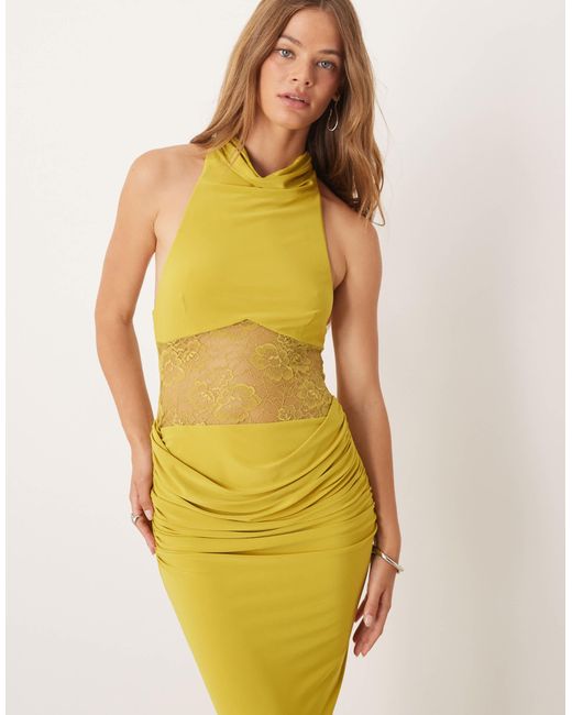 Robe longue nouée autour du cou avec encolure montante et empiècement en dentelle - agrume ASOS en coloris Green