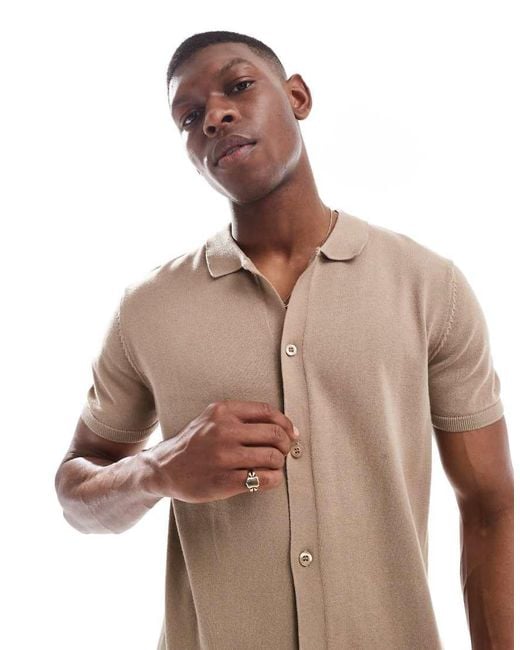 New Look Brown Knitted Button Down Short Sleeved Shirt for men