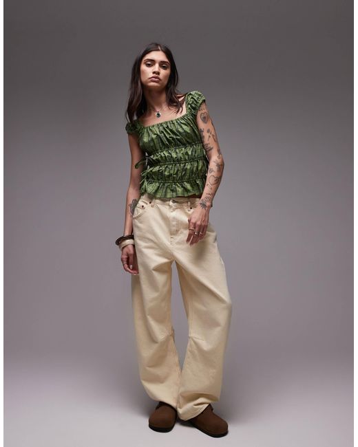 TOPSHOP Green Ruched Tiered Tie Side Top
