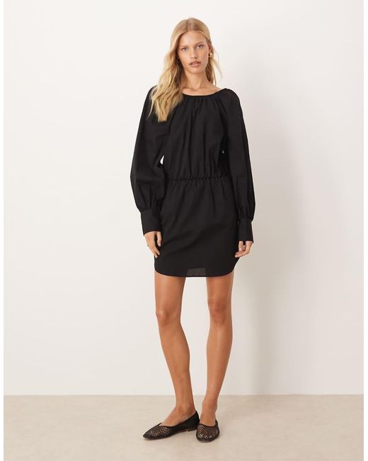 ASOS Black Heavy Poplin Blouson Mini Dress With Tie Back