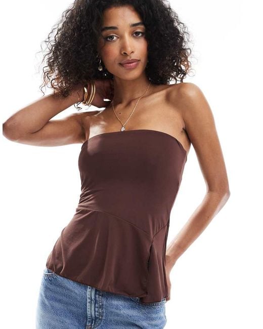 Bershka Brown Crepe Bandeau Top With Asymmetric Hem