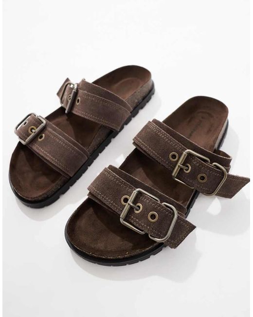 Stradivarius Brown Double Strap Flat Leather Sandal