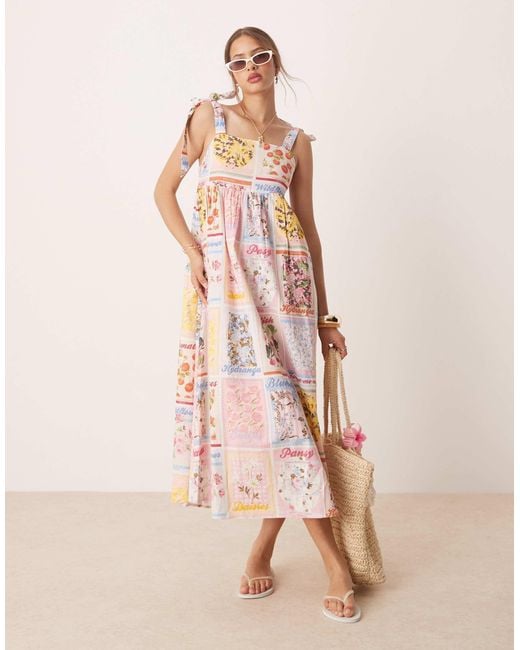 Miss Selfridge Pink Tie Shoulder Postcard Print Maxi