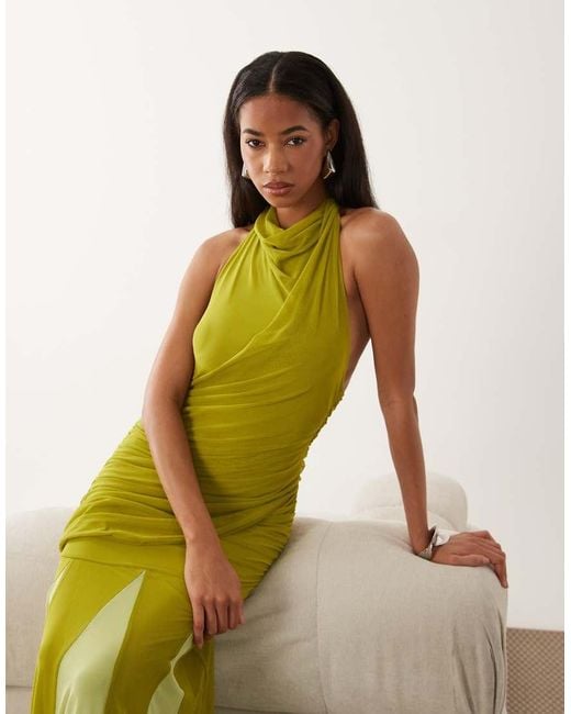 ASOS Green High Halter Mesh Maxi Dress With Contrast Godets