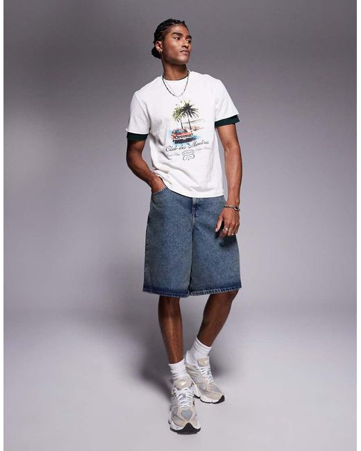 T-Shirt Oversize Con Maniche A Doppio Strato Color Crema Con Stampa Di Auto di ASOS in Gray da Uomo